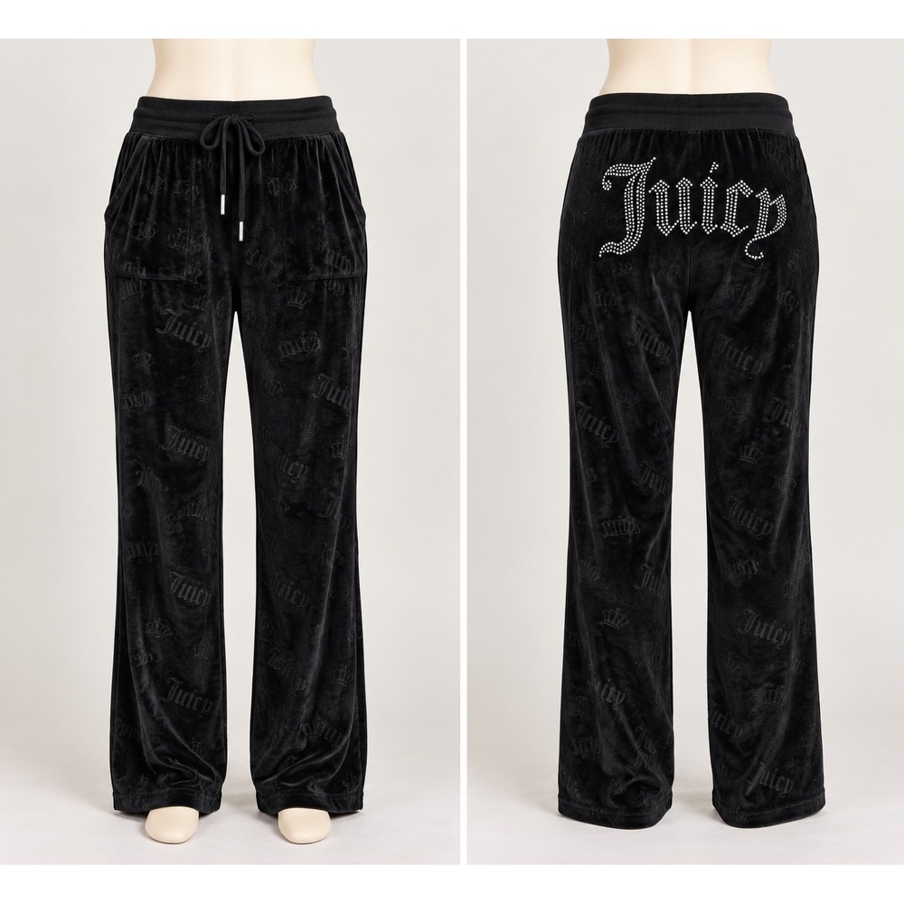 Juicy Couture Black Velour Rhinestone Logo Flare Pants Women's M Y2K Streetwear